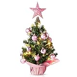 Sumind 24inch/2ft Tabletop Mini Christmas Tree Set with LED Lights, 24 Christmas Ball Ornaments, Pre-lit Small Artificial Green Tree Decoration for Xmas Table Indoor Holiday(Pink)