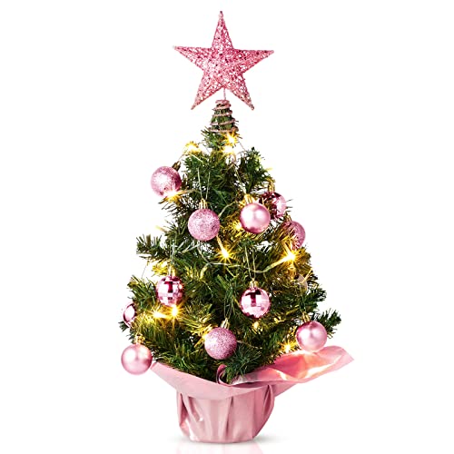 Sumind 24inch/2ft Tabletop Mini Christmas Tree Set with LED Lights, 24 Christmas Ball Ornaments, Pre-lit Small Artificial Green Tree Decoration for Xmas Table Indoor Holiday(Pink)