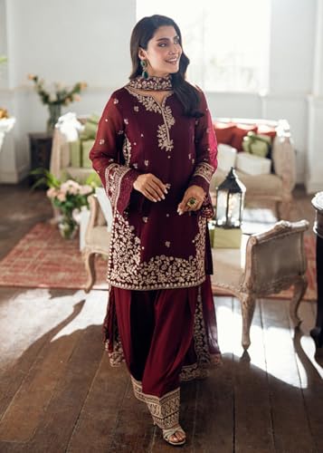 Image of Women's French Crepe Kurta Set with Organza Dupatta | Floral Thread Embroidered Ethnic Suit Set | Straight Kurta Pant Set Round Neck Festive Indian Wear