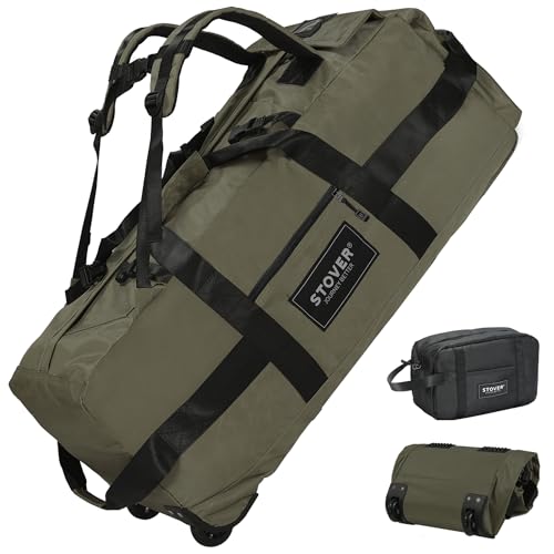 STOVER 45/80/100L Rolling Duffel Bag with Wheels, X-Large Durable Travel Duffle + Toiletry Bag, Heavy Duty, Packable with Shoulder Straps- Use as Luggage or Backpack, Men/Women (Green) by STOVER - Used condition - US$89.99