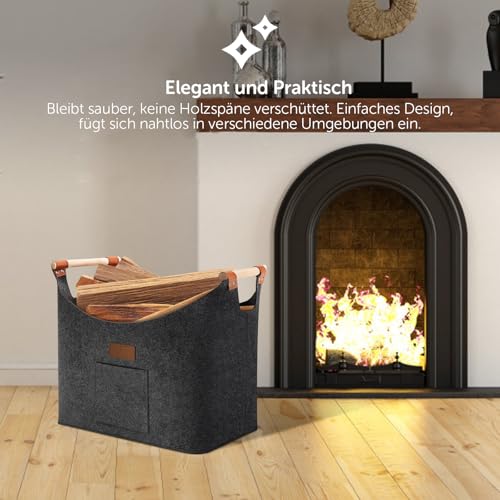 shinfly Holzkorb für Kaminholz 60L, Kaminholzkorb Brennholzkorb Groß für mehr Brennholz im Kamin, Faltbarer Feuerholzkorb aus Extradickem Filz für Einkauf, Holz, Spielzeug【Anthrazit】