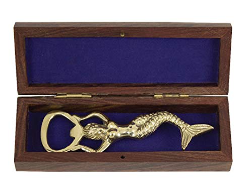 Solid Brass Mermaid Bottle Opener In Wooden Box With Inlaid Anchor #TOP7