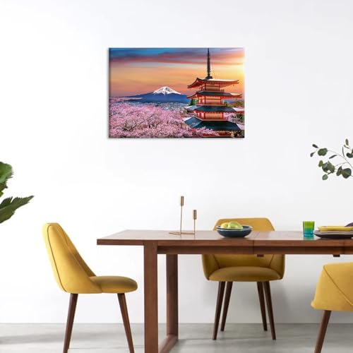 富士山 アートパネル 桜の木と五重塔 風景画 ポスター 室内風景 ファッションアート 装飾絵画 モダンアート 壁掛け ソファ背景画 装飾 完成品 木枠付き [4]