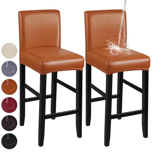 Image of YISUN Bar Stool Covers, Stretch Waterproof PU Bar Stool Slipcover Removable Washable Bar Stool Chair Covers, High Chair Cover with Elastic Bands (2 Pack, Light Brown)