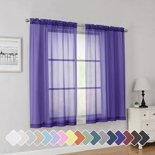 Image of Simplebrand Purple Short Sheer Curtains 45 Inch Length for Small Windows, Rod Pocket 2 Panels Set Solid Voile Drapes Window Sheer Curtains for Bedroom Bathroom Kids Room Kitchen, 42x45 Inch