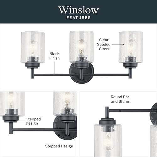 Image of Kichler Winslow 21.5 inch 3-Light Bathroom Vanity Light Fixture with Clear Seeded Glass in Black, Modern Wall Mount Lighting for Mirror over Vanity in Bathroom, 45886BK