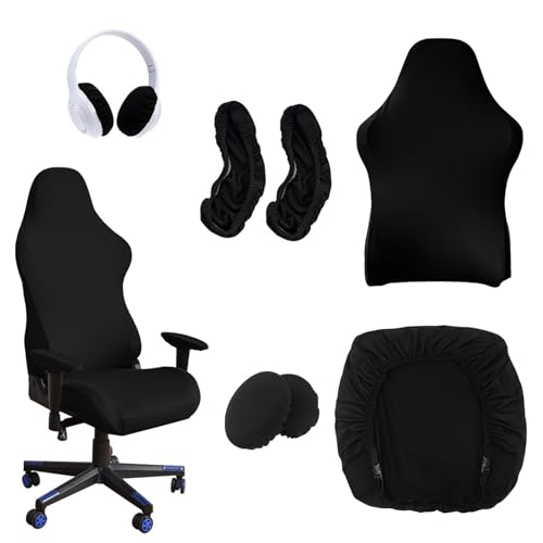 RFYTDCF 6 Stück Gaming Stuhl Bezug, Dehnbare Abnehmbar Stuhlhussen Schwarze Waschbar Gaming Chair Cover mit Armlehnen und Kopfhörerbezug für Computerstuhl Gamning Stuhl Drehstuhl