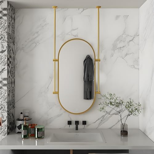 Espejo de baño/maquillaje - Espejo decorativo ovalado negro/dorado para montaje en el techo, espejo con barra para colgar, espejo de pared con marco de metal - Espejo de pared personalizable (dorado,