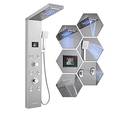 MENATT Shower Panel Tower System with LED Lights, 5 in 1 Rainfall Waterfall Shower Panel with 6 Massage Body Jets (Brushed Nickel)