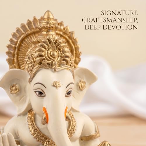 Image of Golden Legacy Cream and Gold Ganesha Idol - Divine Seated Ganpati Statue with Gold Accents for Home Mandir, Office Desk, and Car Dashboard - Auspicious Vastu Home Decor and Spiritual Gift