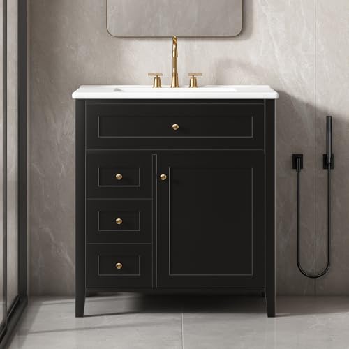 Image of 30 inch Bathroom Vanities with Top Set, Cabinet with Multi-Functional Tip-Out Drawer and Adjustable Shelf, Soft-Closing Door, Solid Wood Legs, Black