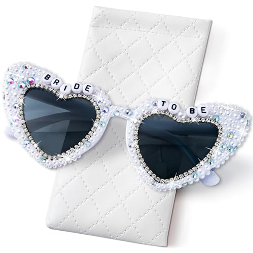 PANTIDE Bride To Be Sunglasses - Rhinestone Crystal Pearl Heart Shaped Sunglasses, Bachelorette Bridal Shower Wedding Engagement Party Glasses Accessories, Jewelry Gift for Bridesmaid Women (White)