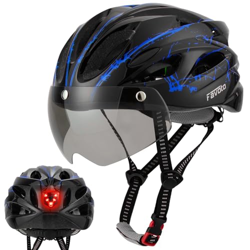 Favoto Casco de Ciclismo para Adulto con Gafas luz Trasera Forro Desmontable tecnología de Moldeado EPS Transpirable y Ligero Ajustable de 57 a 61cm Negro+Azul