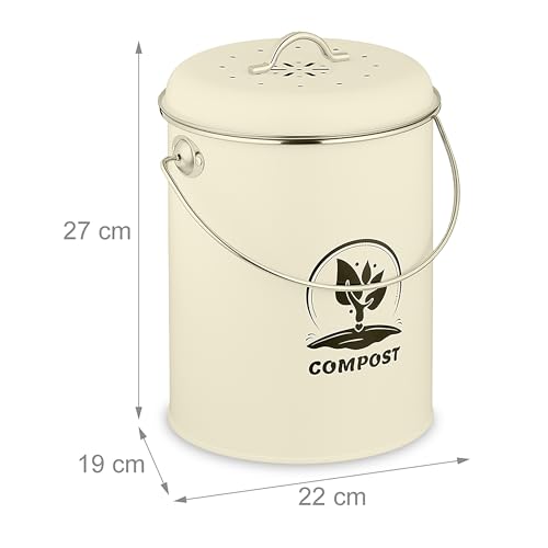 Relaxdays Komposteimer Küche 5,5 Liter, Mülleimer mit Deckel und Geruchsfilter, Abfalleimer Biomüll, Eisen, Creme