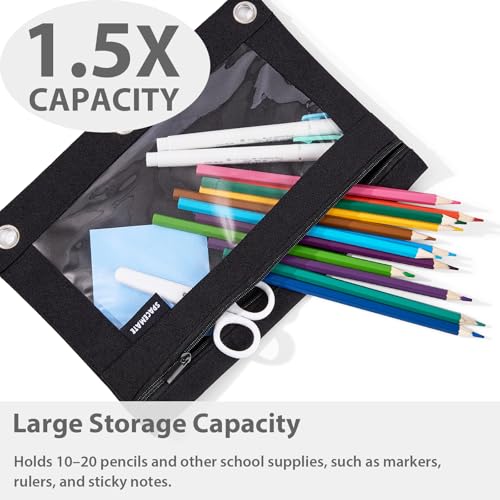 Image of SPACEMATE Pencil Pouch for 3 Ring Binder, Clear 3-Hole Zipper Pencil Case | Metal Grommets, School Supplies Organizer for Girls, Boys & Kids, Preppy Aesthetic Style, 1 Pack, Coal Black