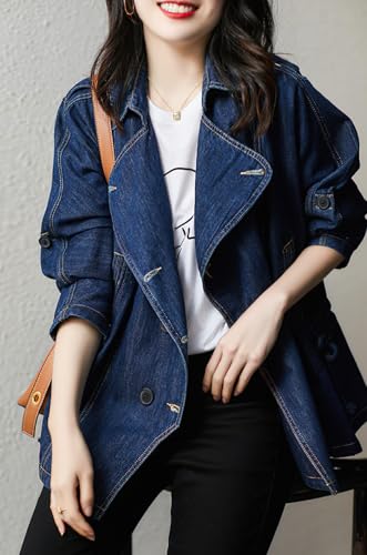 chouyatou Women Fall Business Casual Denim Blazer Drawstring Waist Office Jean Jacket Trench Coat2