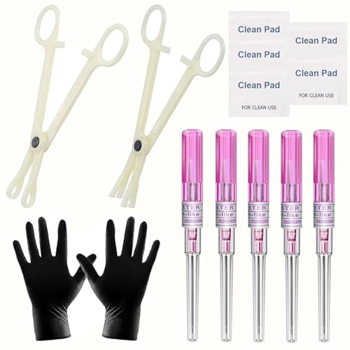 Piercing Kit - 14PCS Includeds 5PCS Mixed 20G Catheter Piercing 2PCS Piercing Clamps 5Pcs Clean Tools 2 Gloves Belly Ear Nose Piercing Kit Piercing Supplies