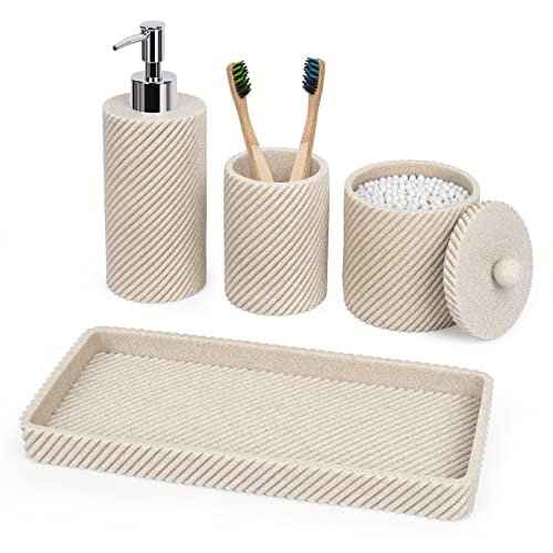 La mejor selección de Baño beige los preferidos por los clientes. 48 Juego de 4 accesorios de baño color beige, soporte para cepillo para polvo de dientes, dispensador de jabón de loción, dispensador de soporte Qtip, bandeja de cambiador para...