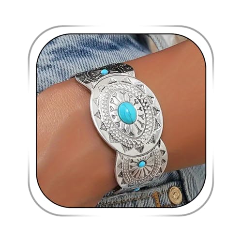 Boho Cuff Bracelets for Women Silver Wide Bracelet Chunky Turquoise Bracelets Western Cowgirl Bangle for Holiday