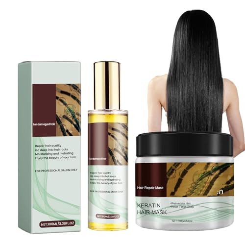 Dyceittdia 2pcs Cuidado del Cabello con Colágeno, 100ml Aceites de Tratamiento Capilar y 100g Mascarilla Capilar, Colágeno Reparador, Hidrata las puntas secas, hair mask1
