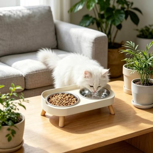 Image of Elevated Cat Feeder Bowl, Anti-Choking Raised Cat Food and Water Bowl with Wooden Stand, Pet Feeding and Drinking Supplies for Small and Medium Sized Dogs (Cat Bowls-White)