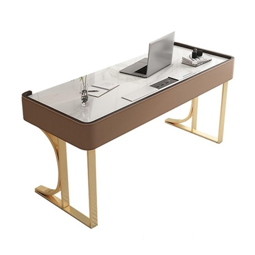 MYUYEE Standing Desk Modern Study Writing Desk With Charing Outlets, Luxury Laptop Pc Table Workstation With Gold Metal Frame For Home,Study, Writing (Small)