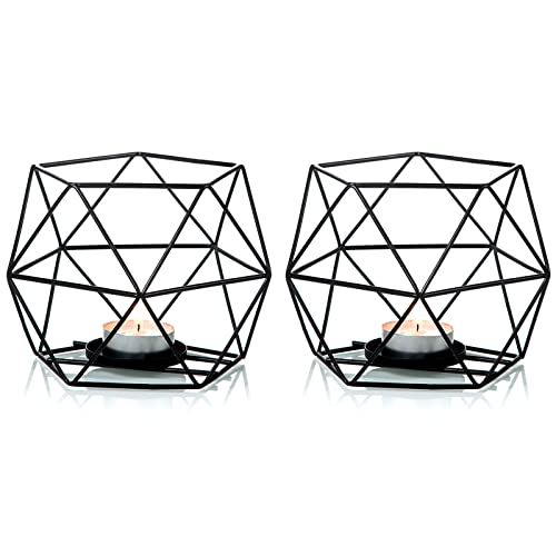 Mainfor 2 Pcs Black Geometric Tealight Candle Holders, Wedding Reception Decor For Table Centerpiece, Metal Iron Wire Tea Light Candlestick Holder For Pillar Candles #TOP20