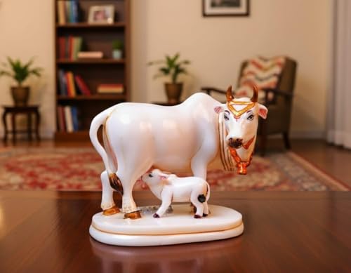 Image of Cow & Calf Statue (Kamdhenu Idol) in Marble Dust - Gold & White 9 cm Decorative Showpiece for Home Decor, Pooja Room, Vastu Gift, Housewarming & Wedding Gift