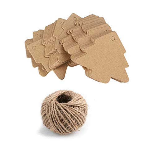 AKOAK 100 Pieces Blank Brown Christmas Tree Gift Tags Kraft Paper Gift Wrap Tags with 100 Feet Natural Jute Twine