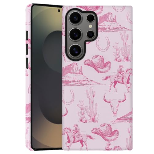 DAIZAG Case for Samsung Galaxy S23 Ultra,Vintage Pink Cowboy Hat Horses Cacti Phone Case Durable Frosted Double-Layer Protection Cover for Women Girl