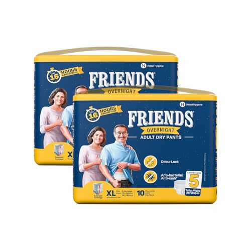 Image of Friends Overnight Adult Diaper XL Size Pants | 20 Count (Extra Large) | Waist 30-56 inch | 16 Hrs Protection | Leakproof | Quick & Even Absorption | Unisex | Anti-Rash | Odour Lock | Superior Softness | Elastic Waist & Anti-Bacterial Absorbent Core