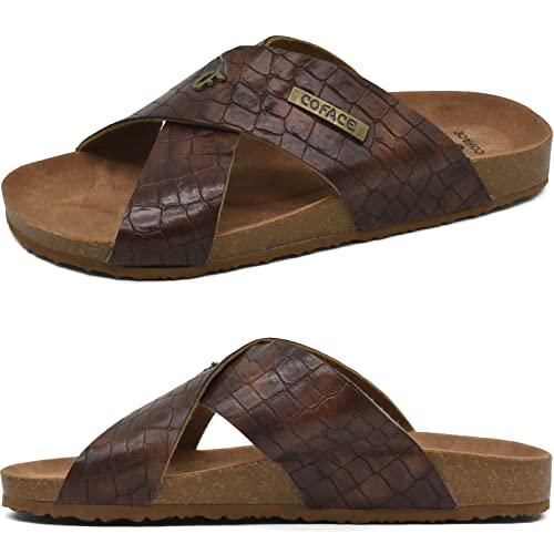 Coface Men's Leather Flat Sandals Soft Fashion Cork Sandals For Men Beach Slides Sandals With Arch Support Brown 9 #TOP30