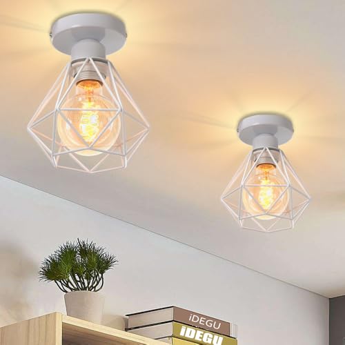 iDEGU Lot de 2 Plafonnier Industrielle en Métal Cage Carré, Lustre Abat-jour Fer Suspension Luminaire E27 40W Noir pour Salon Chambre Bar (Mini Diamant Blanc)