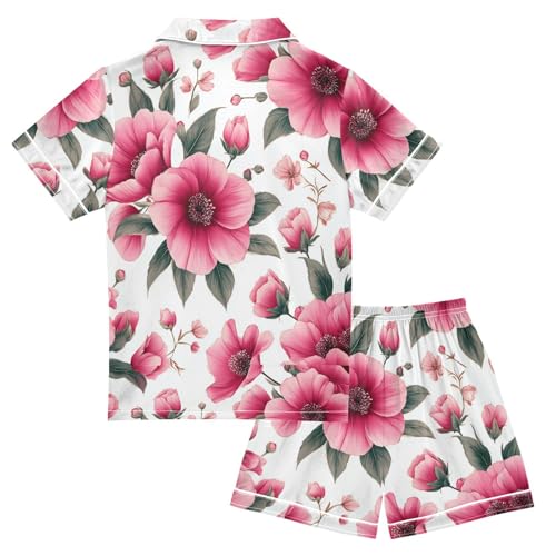 Satin Pajama Sets Short Sleeve Floral Pattern with Flowers Button Down Silky Nightwear 2 Piece PJS 5-14Y2