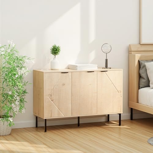 خزانة بوفيه جانبية عصرية مع ابواب وارفف - خزانة تخزين خشبية مخددة لغرفة المعيشة او المدخل او المطبخ (بلوط ابيض)