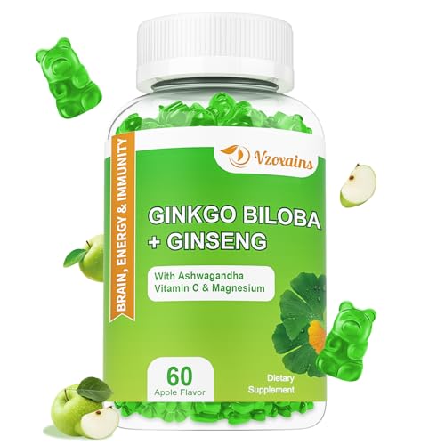 VZOXAINS 240MG Ginkgo Biloba Gummies with Ginseng and Magnesium, Ginko Biloba Supplements Gummies for Brain Focus, Mood and Memory for Adults, 60 Cts