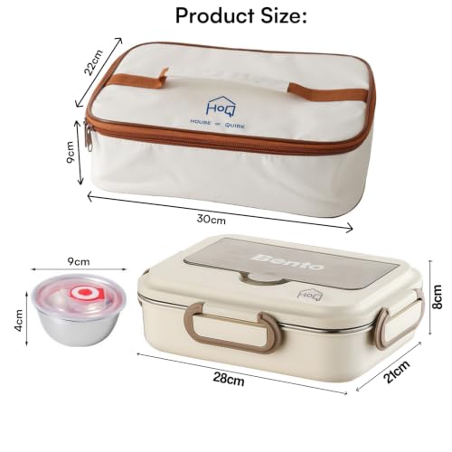 Image of House of Quirk Stainless Steel Lunch Box | 304 Multi-Layer Bento Box with Bag, Compartments & Utensils | Leakproof, Microwave & Dishwasher Safe Food Container (Beige /Brown)