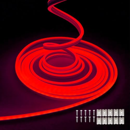 Balabaxer Red neon LED Strip Lights, 16.4 ft/5m 12V DC 600 SMD2835 LEDs Waterproof Rope Light for Indoor and Outdoor Home Decoration (no Power Adapter Included).