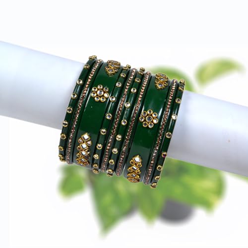 Image of Traditional Rajasthani Beautiful Lac Lakh Bangle Set For Women and Girls | Kundan Bangle Set For Bridel | Jaipuri Chudi Set | Green Sky Blue Maroon Pink Yellow | Kada Set of 10