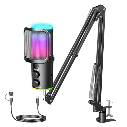 Gaming USB Microphone, Noise Cancellation Condenser Mic with Mute,Boom Arm Mic-Reverb Adjustment, Monitoring for Streaming, Podcasting, Discord, YouTube,PC, Computer, PS4, PS5, Mac
