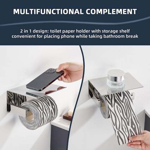 Image of Angle Simple Toilet Paper Holder with Shelf, Polished Chrome | SUS304 Stainless Steel Toilet Tissue Roll Holder, Fit Most Rolls, Extra Shelf for Storing Phones Wet Wipes, Screw Wall Mount