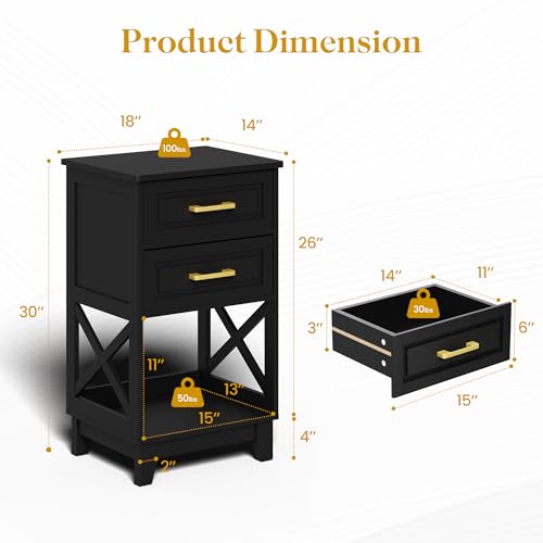 Image of RoyalCraft 30 inch Tall Nightstand, Modern Painted Bedside Table with 2 Drawers and Open Shelf, Wood Side Table for Bedroom, Home Office, Black-Open Shelf Below, Set of 2