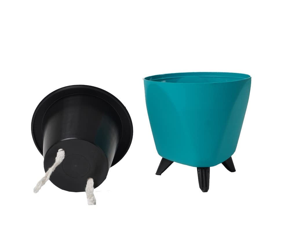Image of Garden Art (Pack of 5 Indoor Outdoor Self Watering Planter Home Living Room Office Tabletop Decorative Plastic Flower Pot 5.1 Inch (Teal, 5) PPLAT