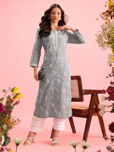 Image of Ada Women's Cotton Straight Fit Straight Hand Embroidered Lucknowi Chikankari Kurta Kurti A411378