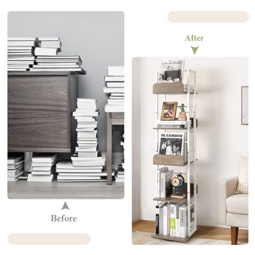 Bikoney Bookshelves 5-Tier, Rotating Bookshelf Tower for Corner, Small Bookcase, Tall Industrial Bookshelf, Narrow Bookshelf, Wood and Metal White