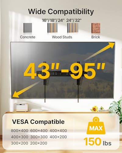 Image of monTEK Ultra Slim Fixed TV Wall Mount Bracket for 43-95 inch Flat & Curved TVs, Super Low Profile 0.95 inch from Wall, Holds 150 lbs, Supports VESA 800x400, Fits 16 inch /18 inch /24 inch /32 inch Studs