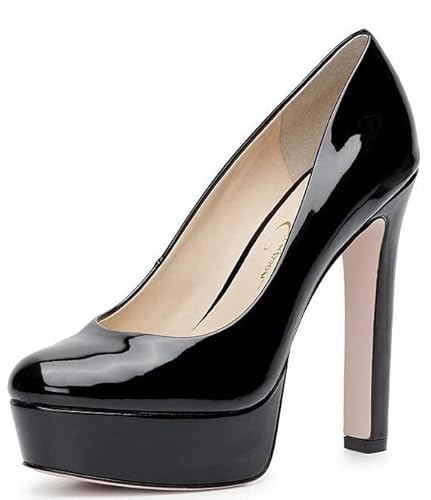 Jessica Simpson Nellah Black Patent High Heel Platform Pump Thick Heel Round Toe Shoes (Black, 8) #TOP8