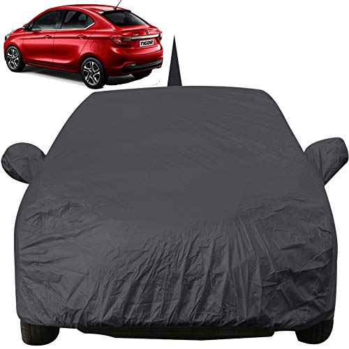 Image of Tigor Dustproof Car Cover with Mirror & Antenna Pockets, Grey Color, Taffeta Polyster,Triple Stitched, Compatible with Tata Tigor Car Cover (2017 to 2022), Tigor Car Accessories