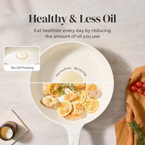 Image of Redchef Ceramic Frying Pan with Glass Lid, Nonstick Deep Saute Pan for All Stovetops, Healthy Cooking Pan, Ergonomic Handle, Fast Even Heating, Splatter Prevention, Oven Safe, Beige (5.2Qt, 12 inch)