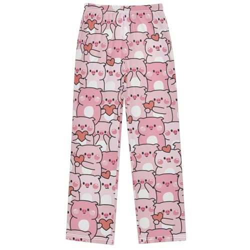 Boy's Pants Cute Pink Pig with Heart Various Poses Jogger Pants Elastic Long Bottoms Trousers with Pockets 6-14